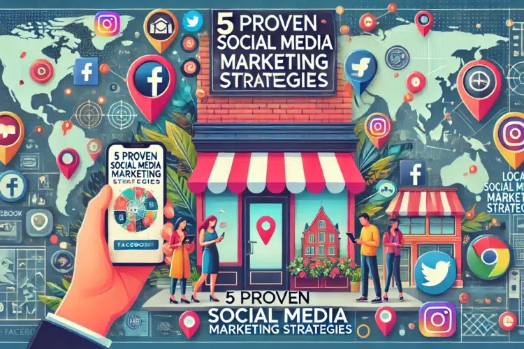 DALL·E 2025 01 03 10.58.04 A visually engaging feature image for a blog titled 5 Proven Local Social Media Marketing Strategies. The image includes vibrant elements such as a